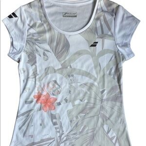 NWT Babolat size medium white, exercise tennis, tee, floral print, logo sleeve